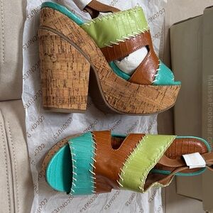 Multicolor Cork Platform Sandal - Green/Turquoise/Brown 7M